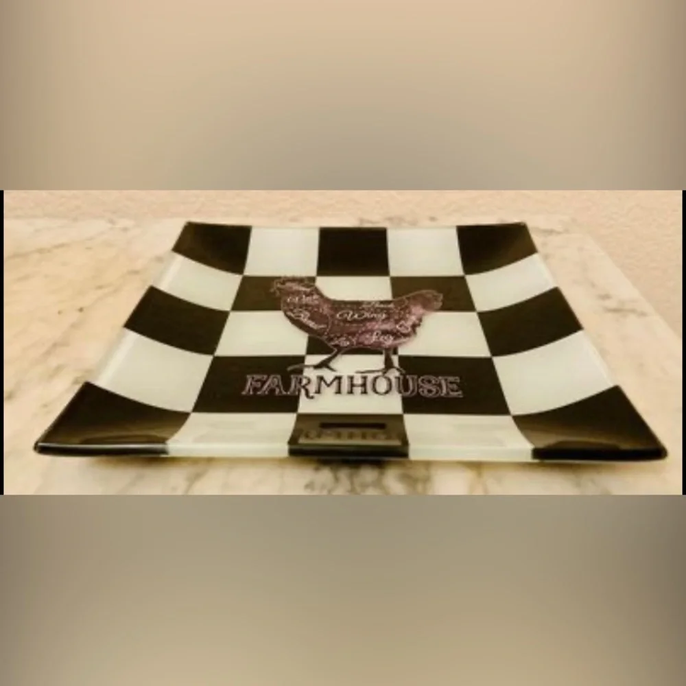 Farmhouse chicken checkerboard plate platter dish decor black white